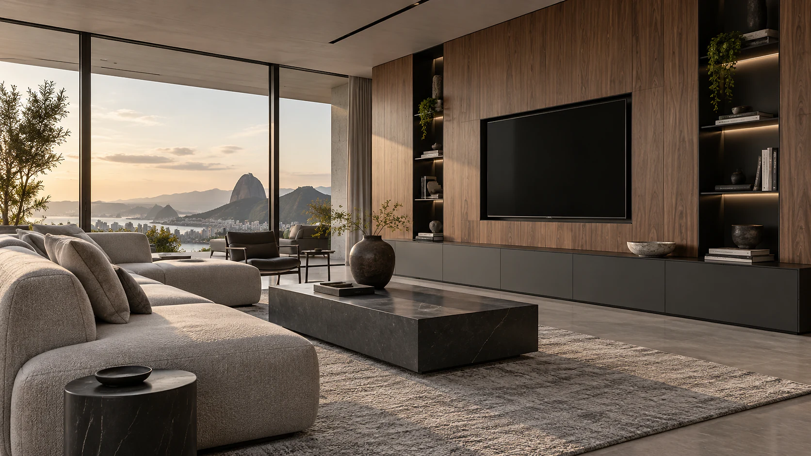 Living conceitual PIAZZI com painel em nogueira